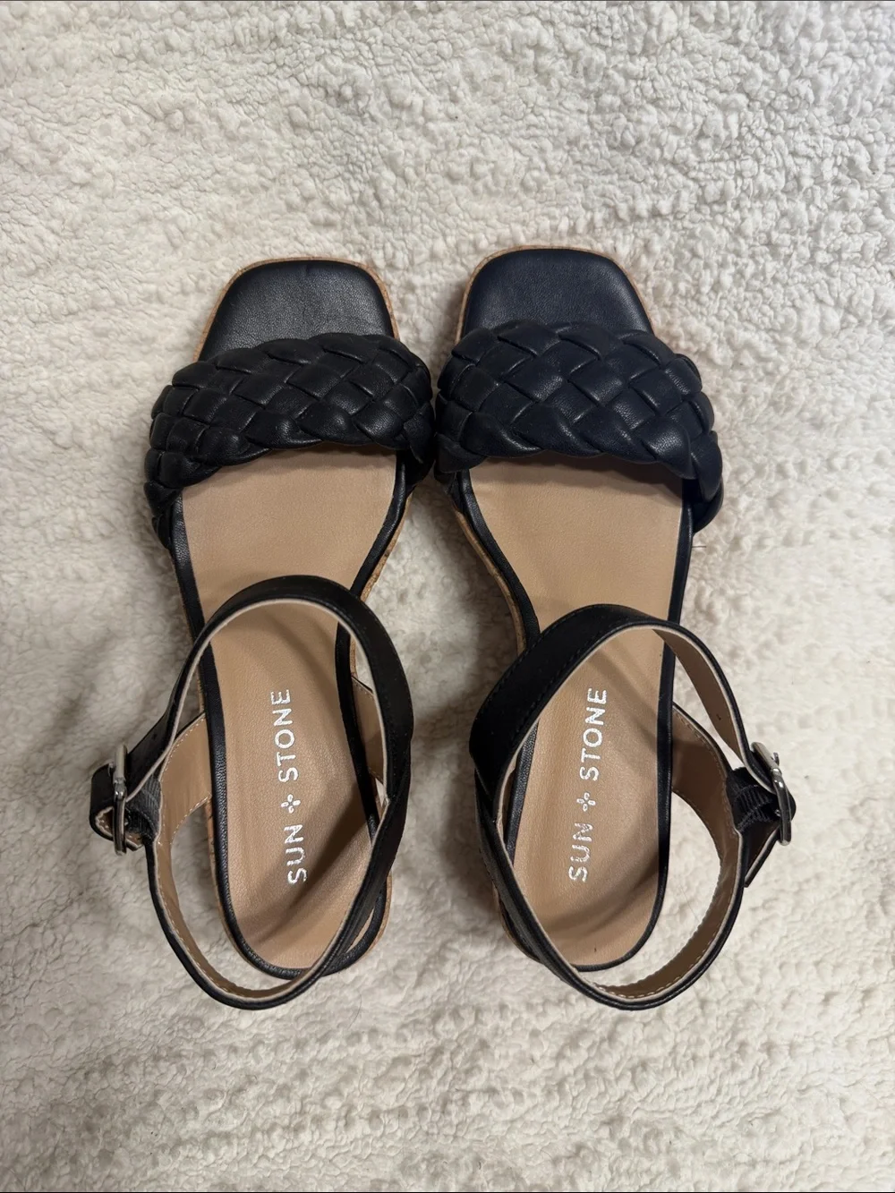 Sun + Stone Black Braided Cork Wedge Sandals